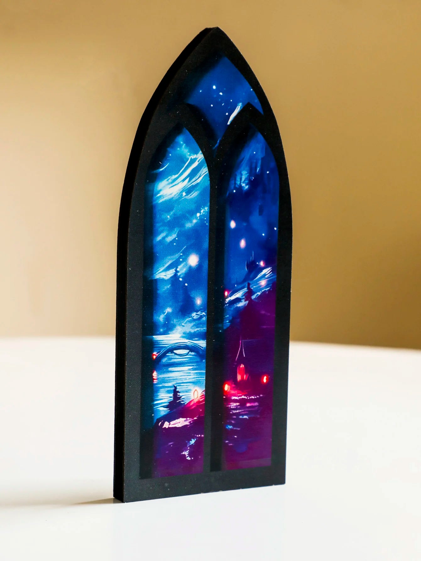 Gothic Arch Shape Bookend fantasy Night Sky & Castle Design Desktop Ornament Wood Book Organizer for Home Library Art Decor Gift