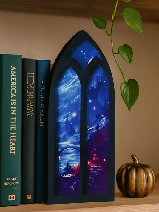 Gothic Arch Shape Bookend fantasy Night Sky & Castle Design Desktop Ornament Wood Book Organizer for Home Library Art Decor Gift