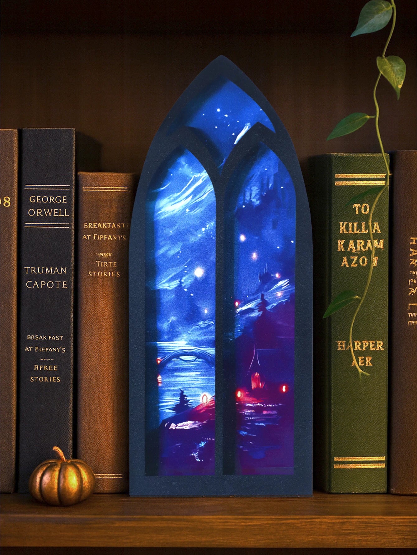 Gothic Arch Shape Bookend fantasy Night Sky & Castle Design Desktop Ornament Wood Book Organizer for Home Library Art Decor Gift